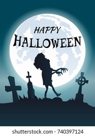 Happy Halloween scary congratulation postcard with zombie wandering at foggy spooky graveyard. Vector illustration with undead creature under white moon