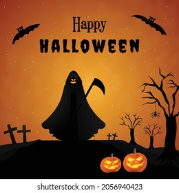 Happy Halloween Scary Dark Death, graveyard, tombstone, bats poster banner invitation for party