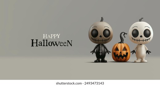 Happy Halloween. Scary dolls and pumpkin for advertising and Halloween celebration concepts. Realistic image. Vector