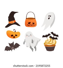 Feliz colección de elementos aterradores de Halloween. Juego de vectores vacacionales de espeluznantes ilustraciones de caricaturas. Concepto de diseño engañoso o tratado. Calabaza, sombrero, quequitos, fantasma, murciélago aislado en segundo plano