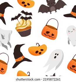 Happy Halloween scary elements seamless pattern. Vector holiday set of spooky cartoon illustrations. Trick or treat design concept. Pumpkin, hat, cupcake, ghost, bat isolated on background