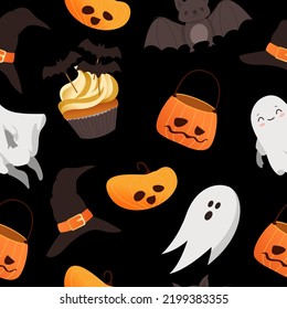 Happy Halloween scary elements seamless pattern. Vector holiday set of spooky cartoon illustrations. Trick or treat design concept. Pumpkin, hat, cupcake, ghost, bat isolated on background