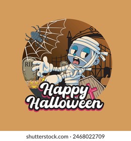 Happy Halloween Scary Horror Mummy badge and label sticker, banner, patch, greeting card and invitation Vector illustration