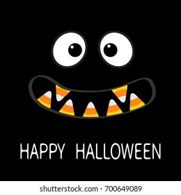 Happy Halloween. Scary monster face emotions. Vampire tooth fang. Big eyes, mouth with candy corn Baby Greeting card. Flat design style . Black background. Vector illustration