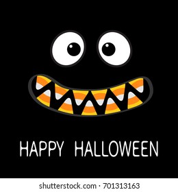 Happy Halloween. Scary monster face emotions. Vampire tooth fang. Big eyes, mouth with candy corn teeth. Baby Greeting card. Flat design style . Black background. Vector illustration