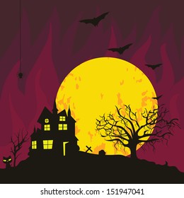 Happy Halloween scary moonlight night background with haunted house, dead tree and flying bats in the sky, can be use as flyer, banner or poster.