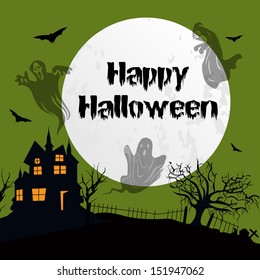 Happy Halloween scary night background with haunted house and flying ghost and bats, can be use as flyer, poster or banner for parties.