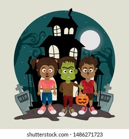 happy halloween scary night dark october celebration, horror characters in front stones cartoon vector illustration graphic design