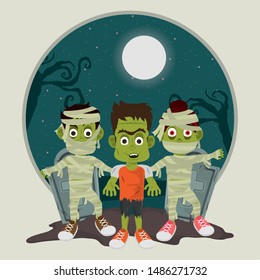 happy halloween scary night dark october celebration, horror characters in front stones cartoon vector illustration graphic design