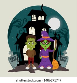 happy halloween scary night dark october celebration, horror characters in front stones cartoon vector illustration graphic design