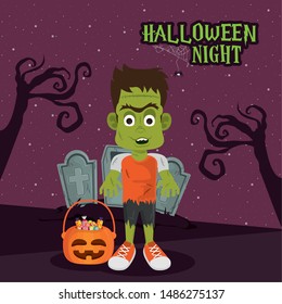 happy halloween scary night dark celebration card, frankenstein holding candies bag cartoon vector illustration graphic design