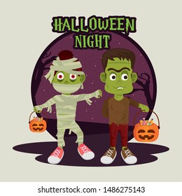 happy halloween scary night dark celebration card, mummy man with frankenstein holding pumpkins candies bag cartoon vector illustration graphic design