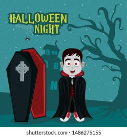 happy halloween scary night dark celebration card, vampire dracula man with coffin cartoon vector illustration graphic design