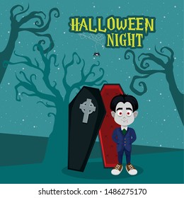 happy halloween scary night dark celebration card, vampire dracula man with coffin cartoon vector illustration graphic design