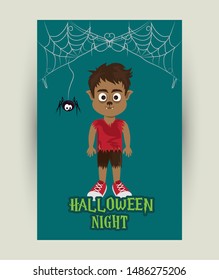 Happy Halloween Scary Night Dark Celebration Card, Wolfman Cartoon Vector Illustration Graphic Design