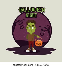 happy halloween scary night dark celebration card, frankenstein holding candies bag cartoon vector illustration graphic design