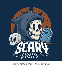 Feliz Halloween Noche de miedo Grim Reaper Cabeza del cráneo con lápida en el cementerio del castillo para la insignia, etiqueta engomada, Anuncio, parche, tarjeta de felicitación, camiseta e invitación Vector ilustración de dibujos animados retro