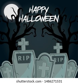 happy halloween scary night october dark celebration holiday card , cemetery scene with stones cartoon vector illustration graphic design