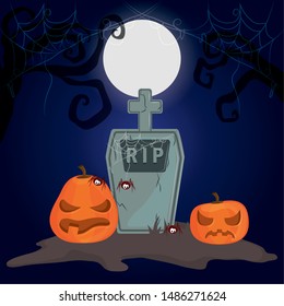 happy halloween scary night october dark celebration holiday, cemetery scene with stone and pumpkins cartoon vector illustration graphic design