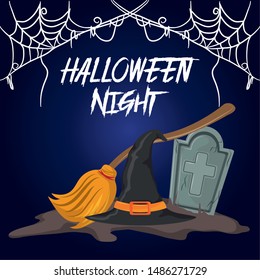 happy halloween scary night october dark celebration holiday, cemetery scene with stone and witch elements cartoon vector illustration graphic design