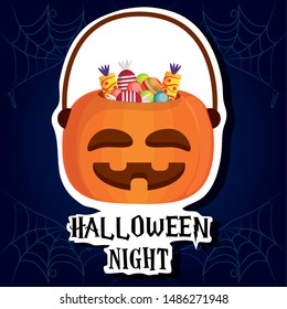 happy halloween scary night october dark celebration holiday card with pumpkin sweets bag cartoon vector illustration graphic design