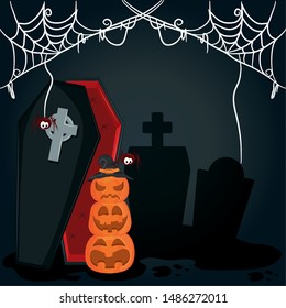 happy halloween scary night october dark celebration holiday, cemetery scene with stones and vampire dracula coffin cartoon vector illustration graphic design