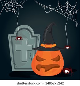 happy halloween scary night october dark celebration holiday, cemetery scene with stone and pumpkin cartoon vector illustration graphic design