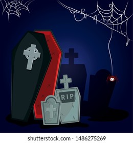 happy halloween scary night october dark celebration holiday, cemetery scene with stones and vampire dracula coffin cartoon vector illustration graphic design