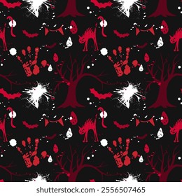 Happy Halloween scary pattern on black background. Horror Happy Halloween seamless pattern with red handprints and paint splashes, dead trees, bats, vampire teeth. Red and white colours