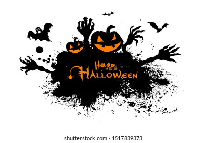 Happy Halloween. Scary pumpkin and bats. Greeting card for the holiday of October 31. Vector
