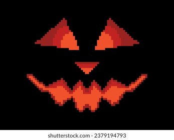 Happy Halloween scary pumpkin face pixel art style. Evil scary eyes carved in a pumpkin. Retro 8-bit video game of the 90s in 2D. Design for games, apps, banners and posters. Vector illustration