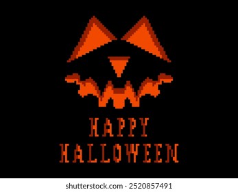 Happy Halloween scary pumpkin face pixel art style. Jack-o-lantern. Carved pumpkin face in 8-bit retro graphic style of 80s games. Design for games, apps, banners and posters. Vector illustration