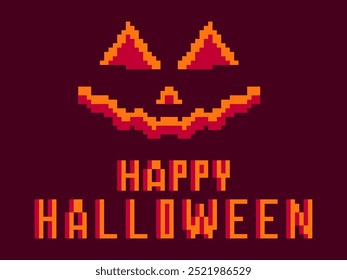 Happy Halloween scary pumpkin face pixel art style. Jack-o-lantern. Carved pumpkin face in 8-bit retro graphic style of 80s games. Design for games, apps, banners and posters. Vector illustration