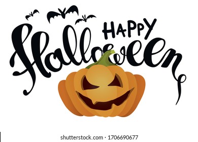 Happy Halloween. Scary pumpkin, flying bats and Happy Halloween  lettering on white background. Modern vector in flat style and stylish text. Happy Halloween poster. Greeting card