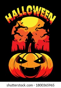 Happy Halloween. Scary pumpkin, flying bats and Happy Halloween. Halloween poster. Greeting card