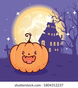 happy halloween, scary pumpkin with haunted house in dark night vector illustration design