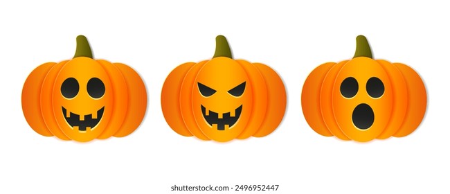Happy Halloween. Scary pumpkin set. Isolated vector illustration in cut paper style