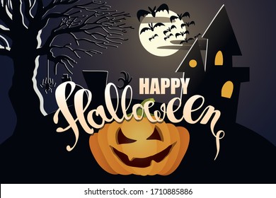 Happy Halloween. Scary pumpkin and Happy Halloween text on dark spooky cemetery with grave stones, tree, haunted house and flying bats in full moon light. Modern vector in flat style