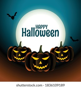 Happy halloween scary pumpkins card with moon and bats