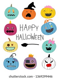 Happy Halloween with scary pumpkins collection set hand drawn invitation for greeting Cards, sticker, decoration Vector flat style illustration.