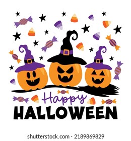 Happy Halloween - scary pumpkins in witch hat, and broom, candy corn, and sweets. Good for greeting card, party invitation, poster, T shirt print, and other decoartion.