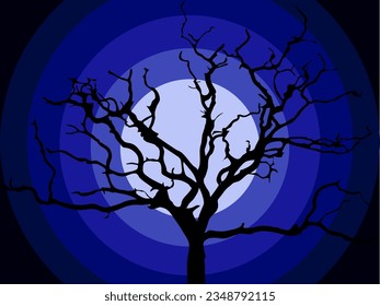 Happy Halloween. Scary silhouette of a dry tree against the background of moonlight. Vector flat illustration