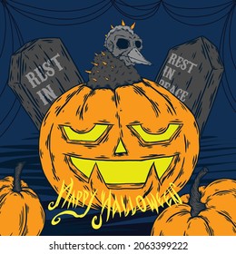 Happy Halloween Scary smiling pumpkin face with web and grave background night theme illustration