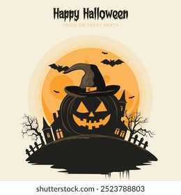 Happy Halloween scary social media post. Halloween haunted silhouette landscape. Happy Halloween scary background or banner, vector backdrop with full moon , flying bats and pumpkin.