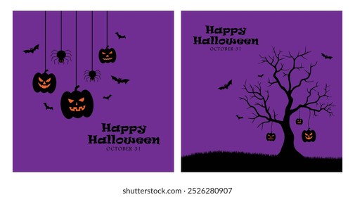 Happy Halloween scary spooky pumpkin, bats vector card design background. October 31.