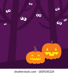 Happy Halloween. Scary tree forest scene landscape. Pumpkin set. Ghost spirit eyes eyeballs looking in the dark. Boo. Cute cartoon kawaii spooky baby character. Violet background. Flat design. Vector