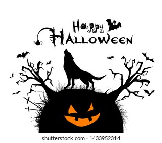 Happy Halloween. Scary trees and the silhouette of a howling wolf. Vector illustration
