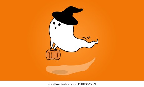 Happy Halloween. Scary white ghosts. Cute cartoon spooky baby character. Smiling face, hands. Orange Background, Vector Illustration.