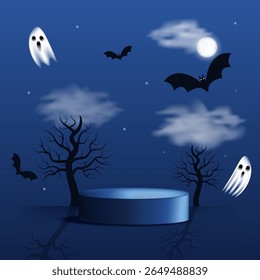 Happy Halloween scene with bats, full moon, podium, ghosts, trees and copy space. Ideal spooky mockup on dark blue background. Vector illustration