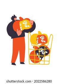 Happy Halloween scene with cartoon people. Abstract illustration vector man, woman and pumpkins. Happy Halloween events, festival and fair, banner, poster design.